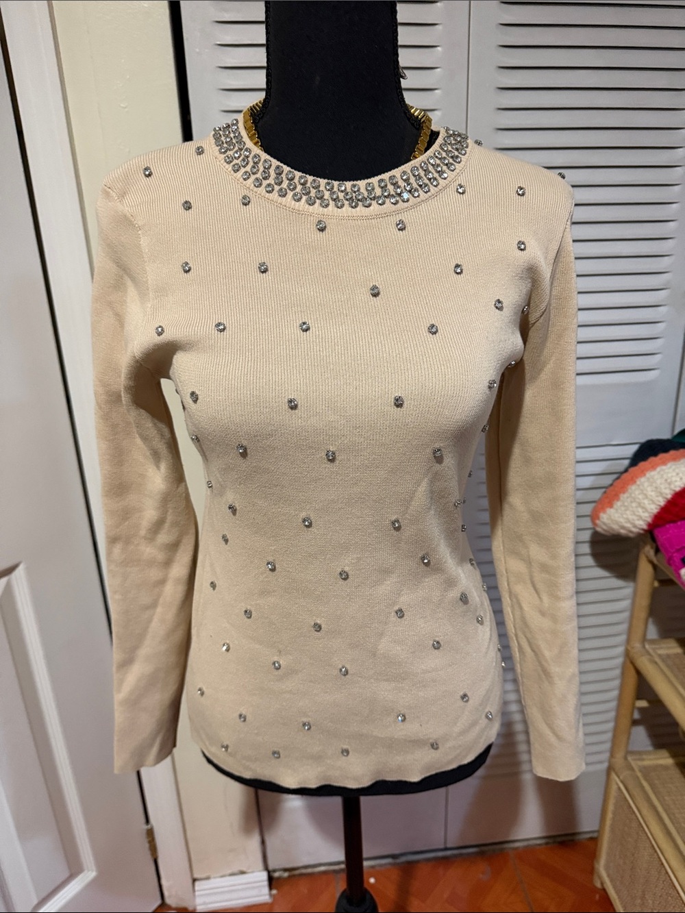 ELSA Cream Crewneck Sweater with Rhinestone Accents